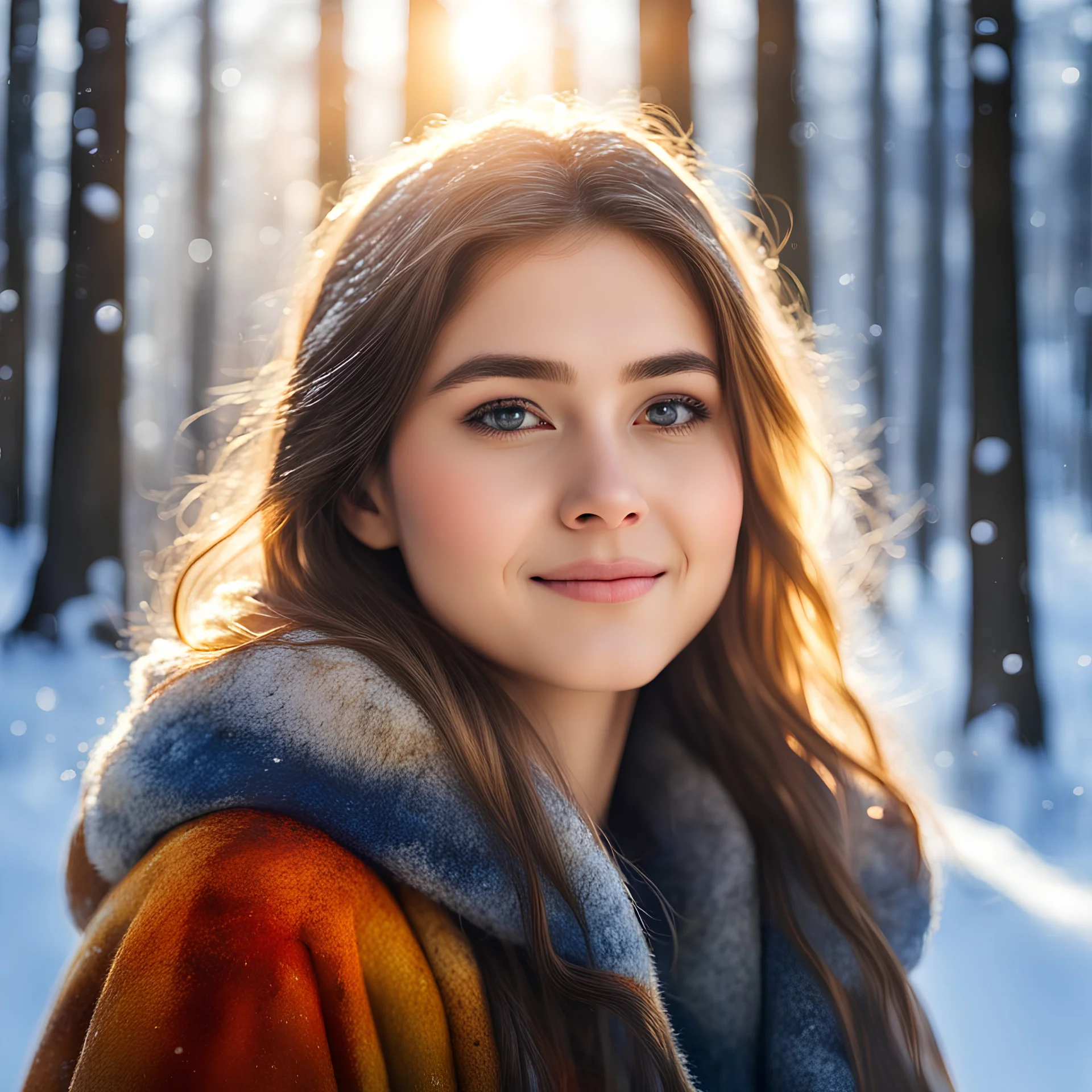 beautiful young girl, 15 years old, looking at the sunlight in winter, forest, beautiful face, best quality, soft smiling ,portait, very cute, water coloured painting, Award winning photography illustration dynamic lighting 8k, very cute, fantasy, fantastic view , colourful Nikon850