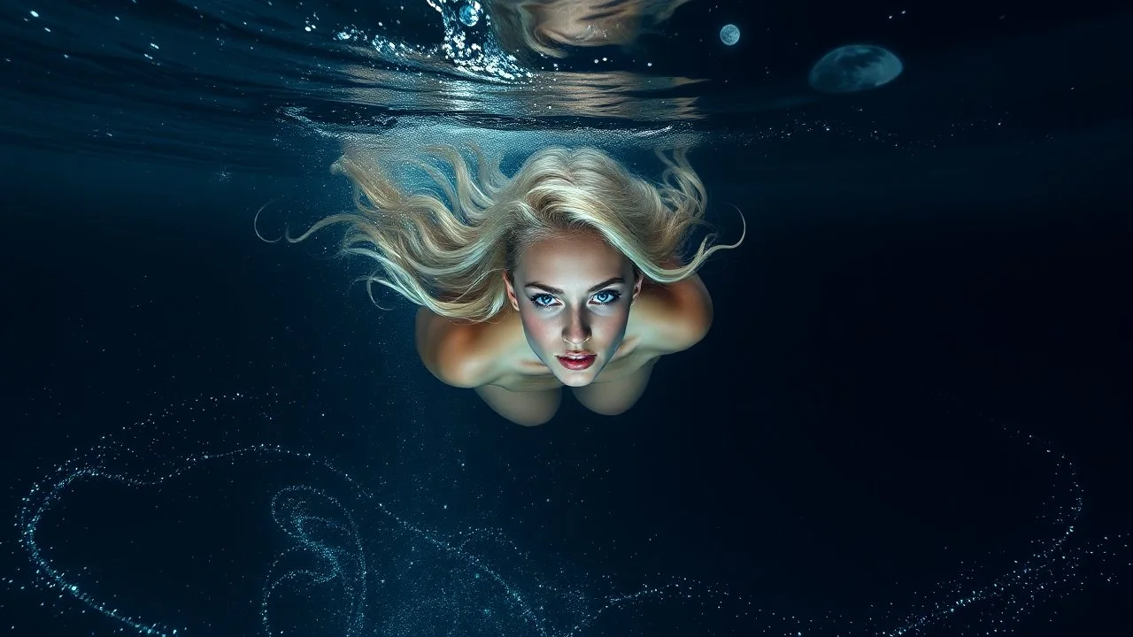 Airbrush, A slender, ethereal woman with cascading blonde hair and piercing sapphire-blue eyes dives into the velvety blackness of the ocean, surrounded by an otherworldly aura of bioluminescence that shimmers like a thousand tiny lanterns. Airbrush, The water around her sparkles with a mesmerizing glow, as if filled with stardust, with delicate, swirling patterns that evoke the shimmering beauty of the night sky. Stars and the moon hang low in the background, casting a silvery glow across the s