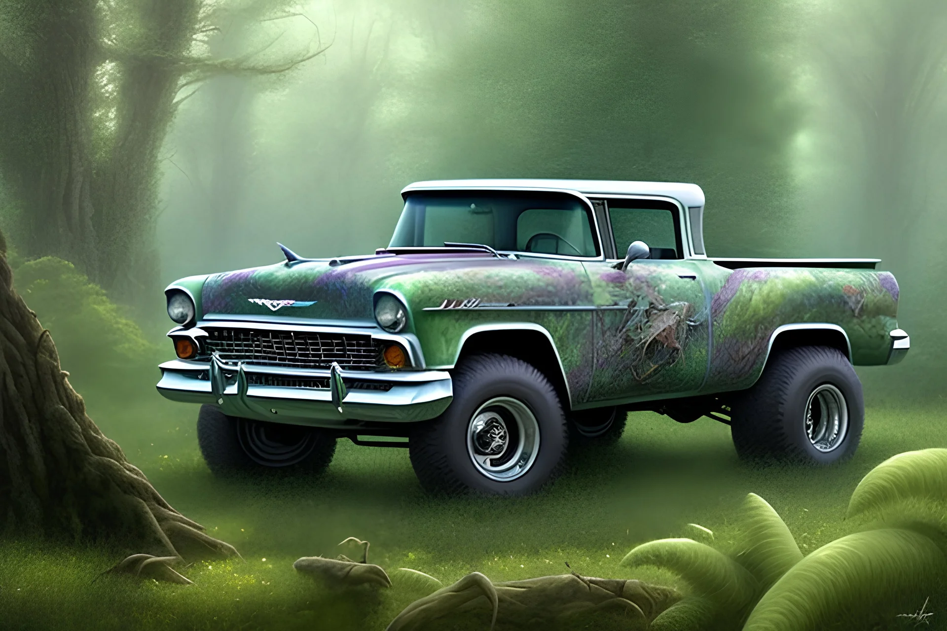 volumetric forest lush nature environment and background, concept study, close-up pencil sketch and color marker of 1955 chevrolet nomad monstertruck, house of kolor candy paint, hot wheels™, custom, car-toons, big moster truck, classic huge monster wheels, realistic shaded volumetric lighting, ambient occlusion, anime, backlight, random custom bodywork and coachbuilding by roy brizio