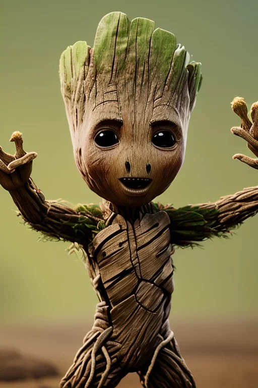 Groot toddler, serious, full body, bokeh, hyper realistic