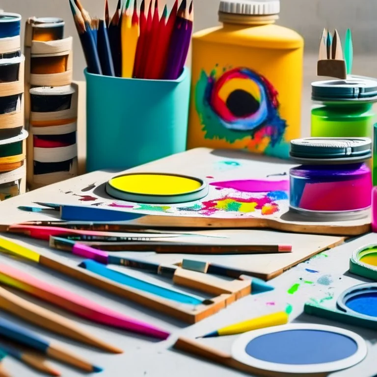 Depict a colorful palette of art supplies arranged neatly on a table, including paintbrushes, sketchbooks, and various types of paints and markers. Show recycling symbols integrated into the design of the art materials, emphasizing the commitment to sustainability and eco-friendly practices.