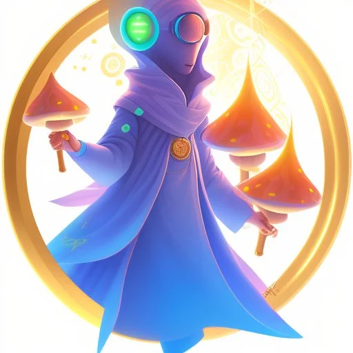 A wizard holding a wand of magical, glowing, other worldly, alien mushrooms. Golden ratio, Digital Painting, Digital Art, Masterpiece, Profile Picture