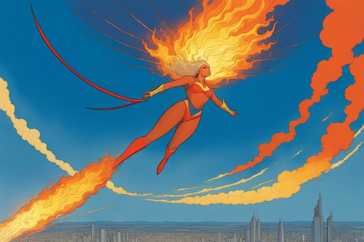 [superhero illustration by moebius] look up and see a flaming goddess, flying in the sky, who slowly makes her way towards you. She is furious; She is a powerful being, and you can feel the heat emanating from her as she comes closer.