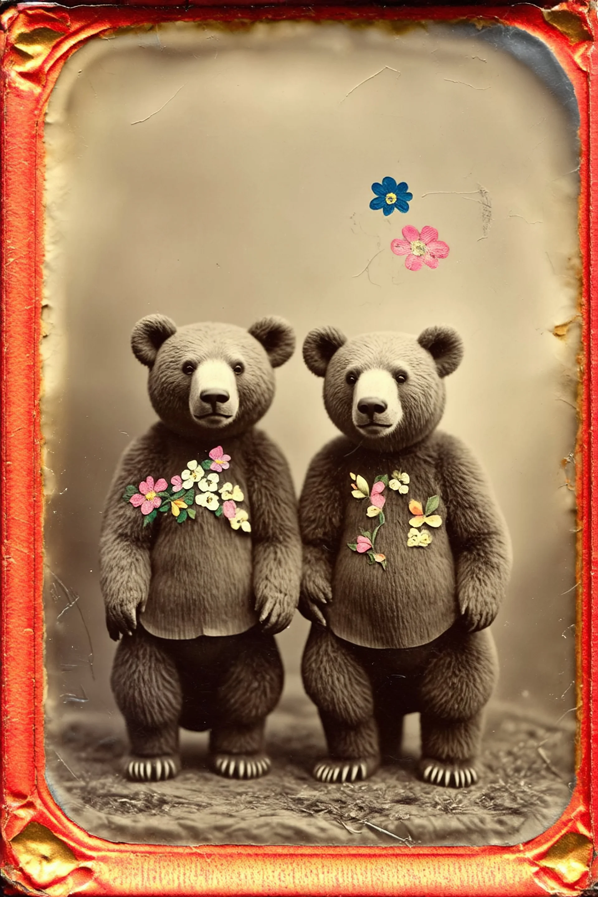 Ours brun avec des fleurs peintes, , tintype