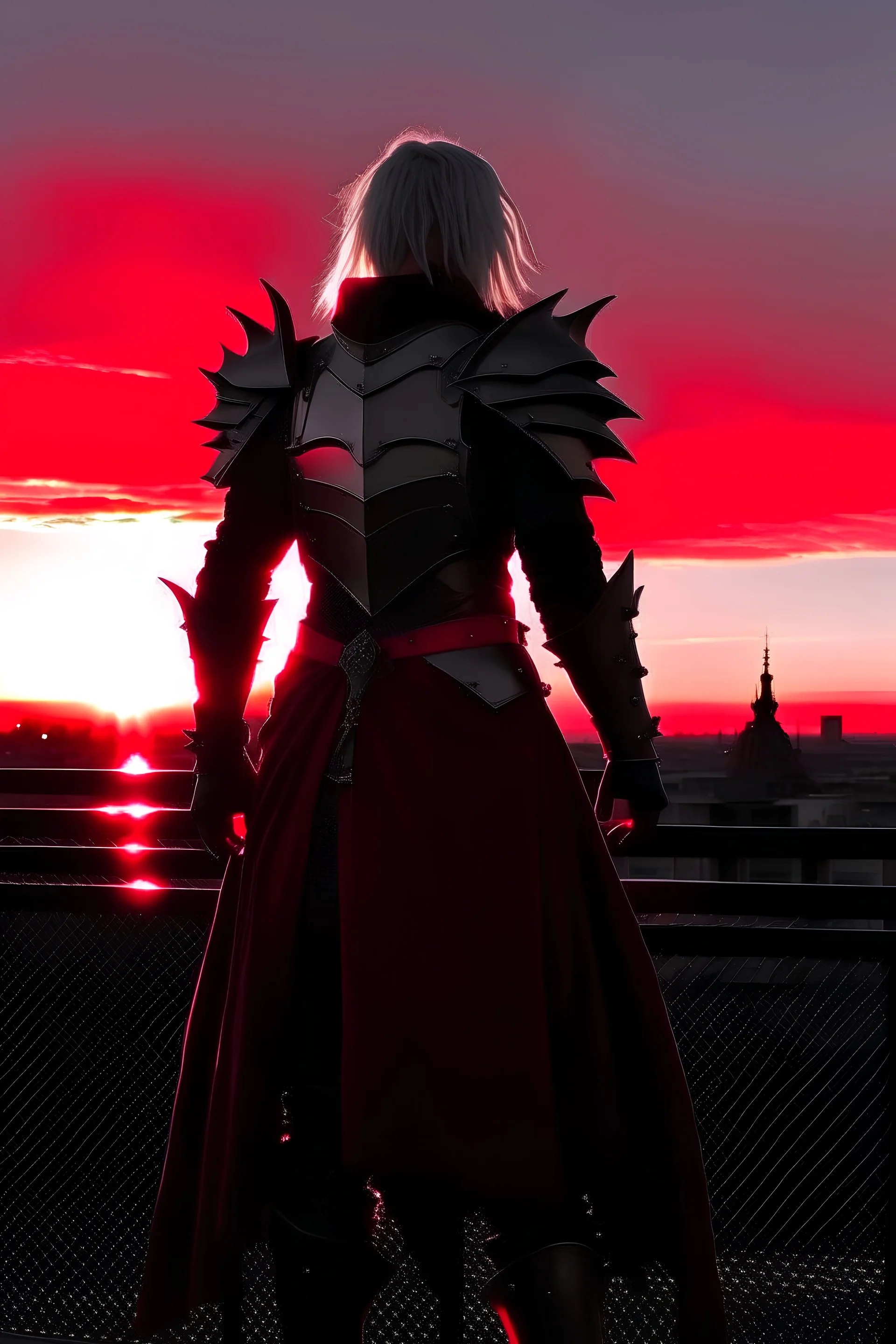 Vampire, knight plate armor, shining silver withblack trim, pointed helmet, crimson half-cape, standing on a rooftop facing towards a sunset in the background