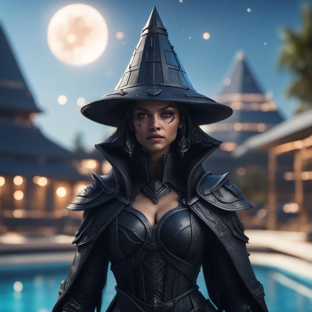 pen outline, layered, portrait of dark space witch hunter with strong gaze, by the pool, pool contains floating flat pyramid star ship of extreme complexity and beauty,bokeh like f/0.8, tilt-shift lens 8k, high detail, smooth render, down-light, unreal engine