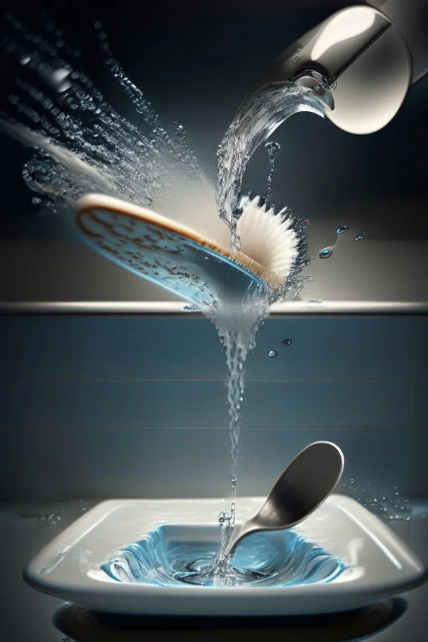 in focus, a jet of water flows into a spoon and splashes everywhere in a sink tray