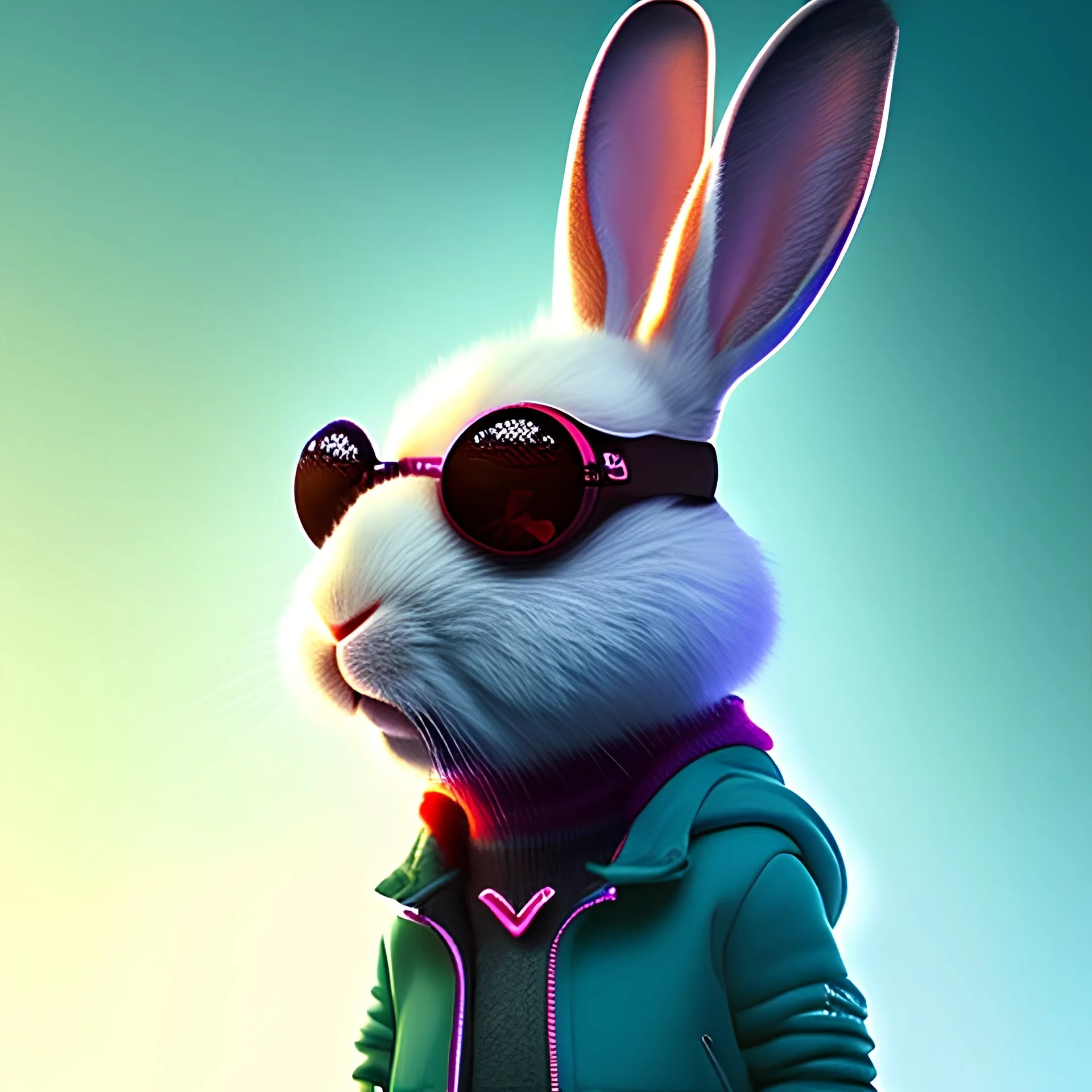 pixar style anamorphic cute rabbit baby, smiling, cyberpunk headphone, sunglass, gangsta gold neckless, full body, magenta puffer jacket, manila city backdrop, dramatic lighting, hyper realistic, unreal engine 5, 16k