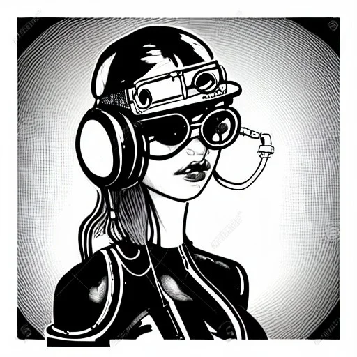 great illustrator, spanish, pencil sketch of a cute girl, beautiful, steampunk syle, black and white. Helmet with tubes, square glasses and wires on the legs.