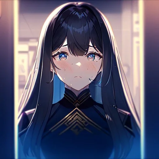 anime girl looking at her reflection in a mirror, seeing herself in the reflection, mirrow image, good and bad, very obvious image of herself.mirror, her reflection is crying and sad. looking into a mirrow, cinematic view. front view