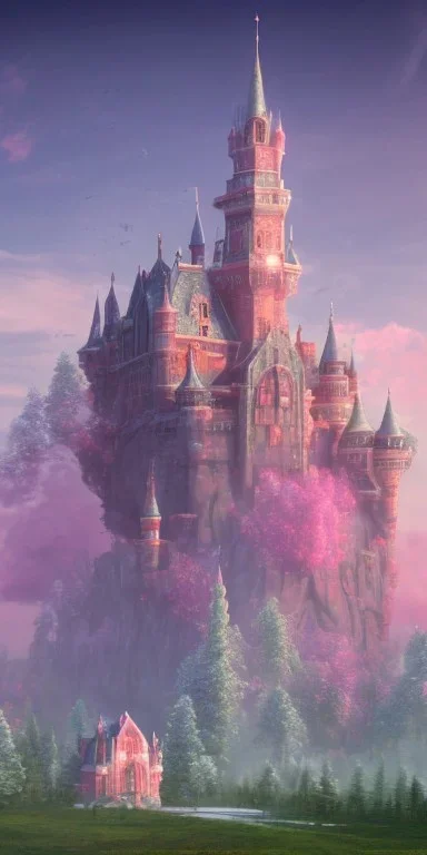 Ice cube shaped castle. pink houses, pink sky, pink smoke, trees, outdoors. street.