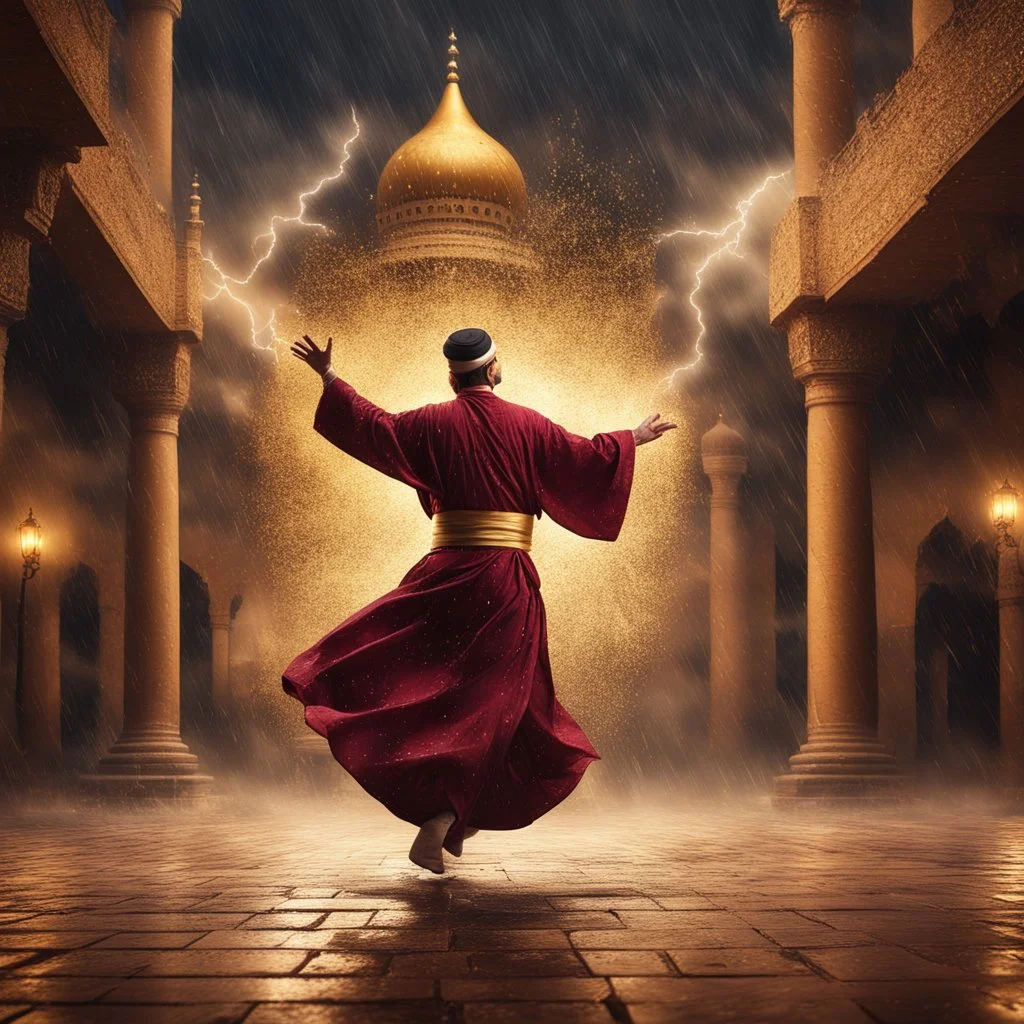 Hyper Realistic photographic-view of a Sufi Whirling with Golden & Maroon Islamic Sufi Rustic Grungy Background with thunderstorm at heavy rainy night outside an ancient Islamic architectural building with golden-sparkles-whirling showing dramatic & cinematic ambiance.