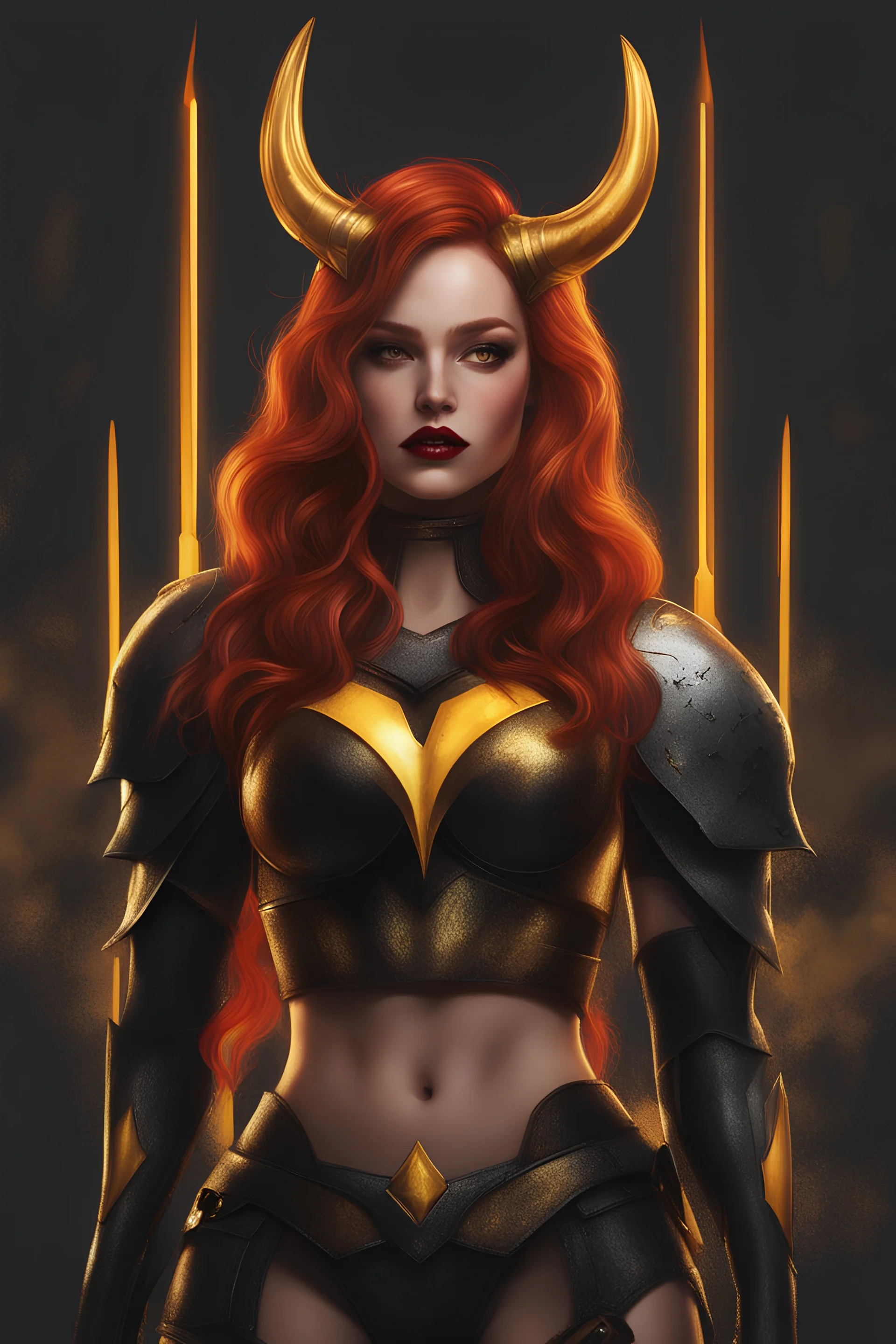 Masterpiece, 1girl, best quality, Mature female, cinematic ligting, 4k, Dark Knight Armor, {{{black lips}}}, {{{{black lips}}}}, eyeliner, mascara, eyeshadow, demon horns, full lips, red hair, long hair, wavy hair, hair over one eye, yellow eyes, {{{{evil eyes}}}}, evil aura, cackle, black sclera, {{{evil smile}}}, black cape, evil, sadistic