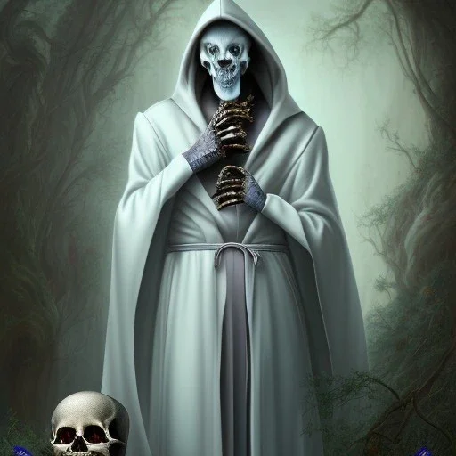 portrait of vampire poet wearing soft robes and blue gloves holding skull & scroll,dark stone statue, lively eyes,hidden hands, framed by foliage, shiny eyes,