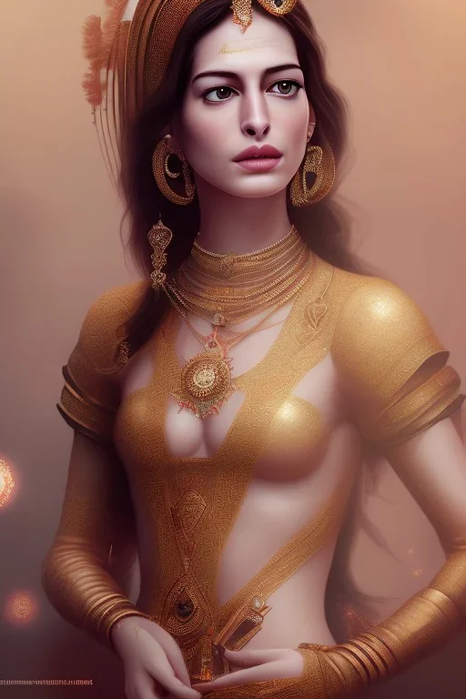 wonderful Anne Hathaway woman, wearing indian clothes, long black hair, 4k, many details, very realistic, render, fog particles,