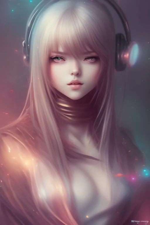 Realistic misterious Anime girl close and personal in warm abstract background