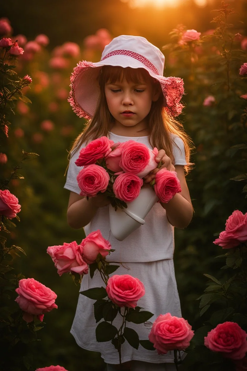 A little girl from Russia at the age of 7 years holds a lot of roses and puts them on her face, and she wears a white Bucket Hat, she puts the roses in front of her face, so her face does not appear, so her face does not appear,(Many Flowers: 1.2), Soft Light, Golden Hour, Upper Body, HDR, 8k, Natural Skin Texture, AO, Intricate, Highly Detailed, Sharp Focus, Crazy Detail, Intricate Detail, Highly Detailed ,The girl looked down