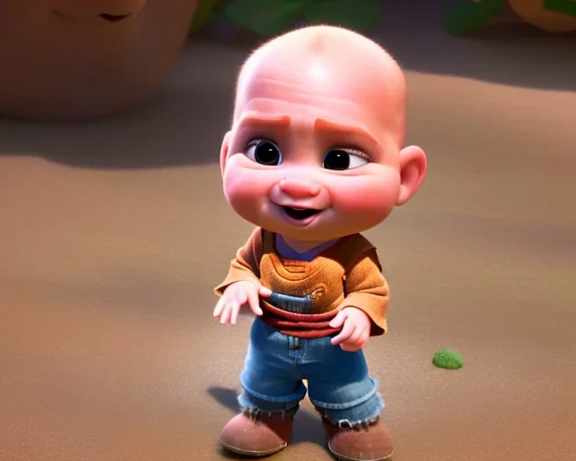 baby krillin, natural environment, photojournalism, hyper detailed, hyper realism, pixar character, sweet and gentle, friendly,