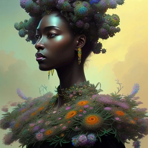 black flowers black woman, colorful, intricate, elegant, highly detailed, digital painting, artstation, concept art, smooth, sharp focus, illustration, art by artgerm and greg rutkowski and alphonse mucha