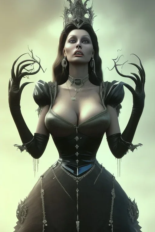 Sophia Loren as evil queen in black leather, cleavage, angry, stern look. character design by cory loftis, fenghua zhong, ryohei hase, ismail inceoglu and ruan jia. unreal engine 5, artistic lighting, highly detailed, photorealistic, fantasy