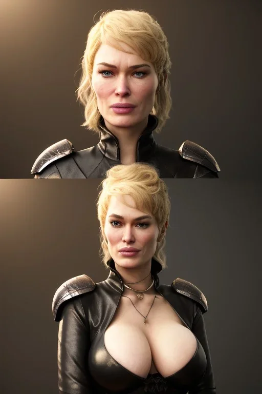 Cersei Lannister as evil dominatrix in black leather, busty, cleavage, curvy, lena headay, angry, stern look. character design by cory loftis, fenghua zhong, ryohei hase, ismail inceoglu and ruan jia. unreal engine 5, artistic lighting, highly detailed, photorealistic, fantasy