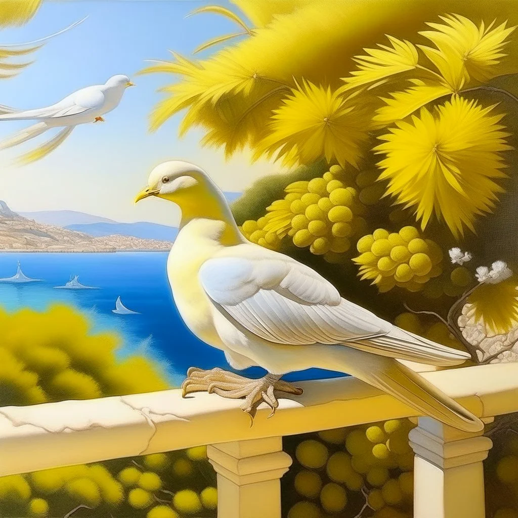 Neoclassicism realistic yellow cote d'azur landscape sea white dove