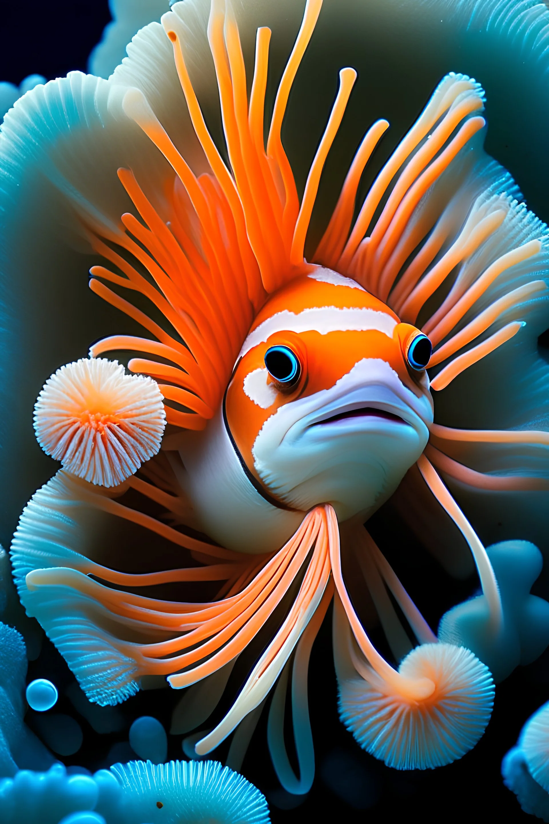 a clownfish with a sea anemone growing out of its body