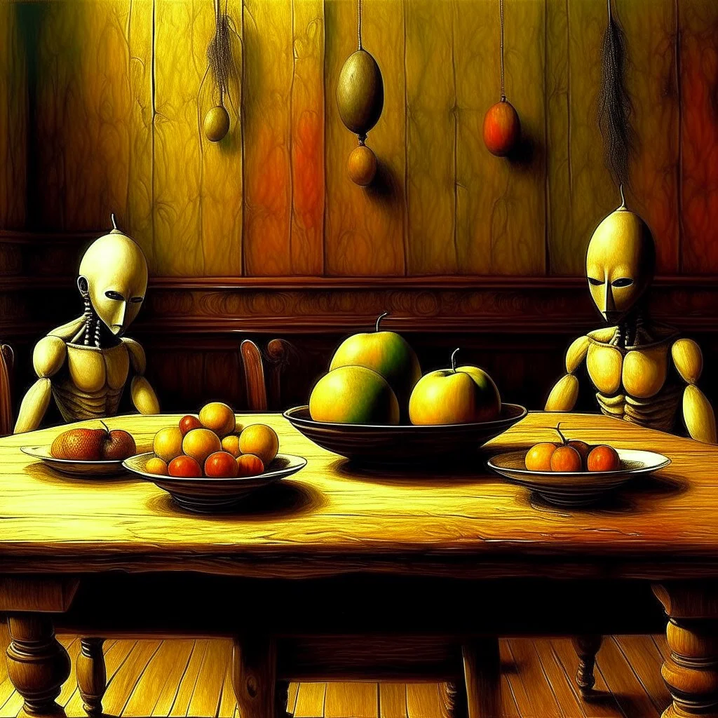 Contemporary art. Apples. Pears. Grapes. Dishes. Oranges. Wood table.