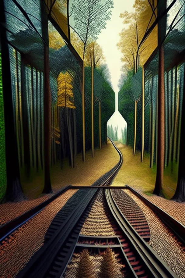 a railroad track, going through the woods, in various climate seasons, on 6 mathematical planes of perspective