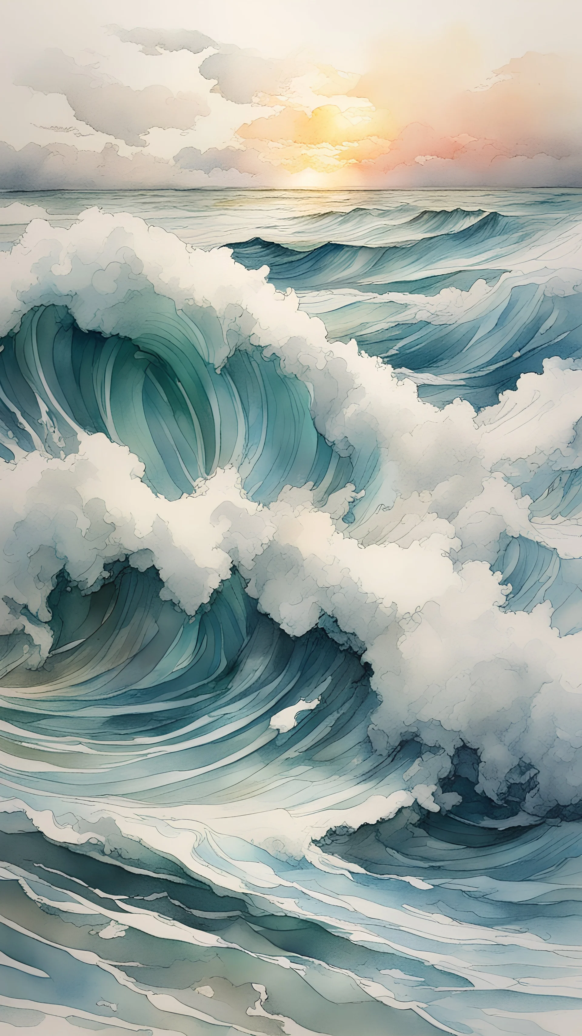 sea wave aerial view, pen line sketch and watercolor painting ,Inspired by the works of Daniel F. Gerhartz, with a fine art aesthetic and a highly detailed, realistic style