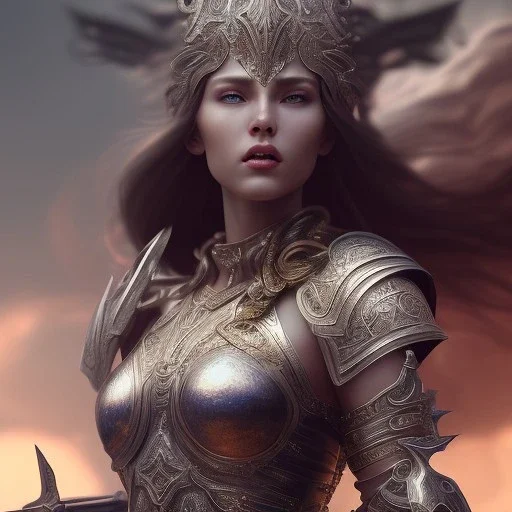 badass female goddess of war, very beautiful figure, wearing detailed,armor,extraordinary, sharp focus,macro lens, intricate filigree metal design, full body portrait, cinematic, unreal engine 5, 8k, hyper realistic. Volumetric lighting, unreal engine 5 ,hyper elegant,hyperphotorealistic, epic composition,bokeh, cinematic lighting, hyperphotomaximalist, masterpiece,epic composition, motion blur. Glim lighting