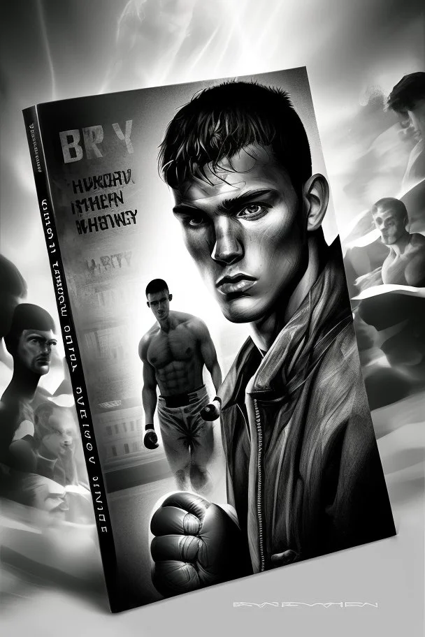 white skin man , book cover design reflecting the journey of a young, ex-boxer fighting immigrant with a heavy past and long path of challenges. The design captures his hopeful spirit amidst adversity, portrayed in a modern setting with a black and white color scheme that adds depth and emotion to his character.