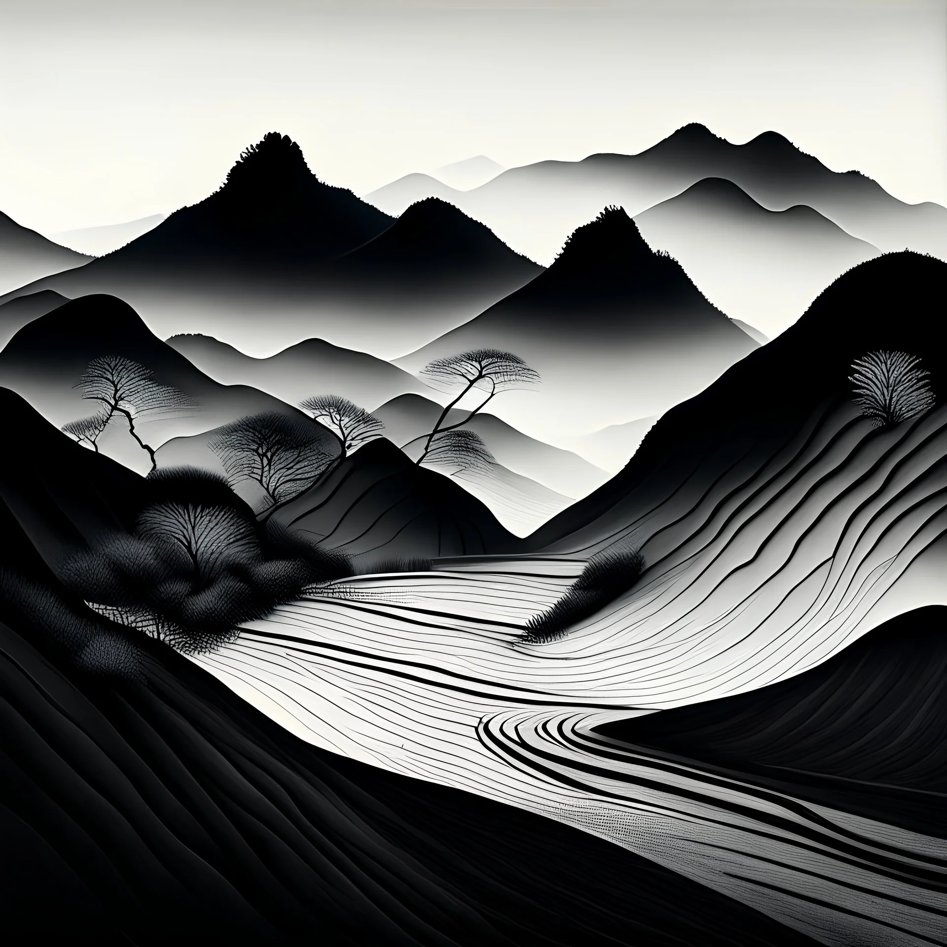 Chinese landscape painted with black lines