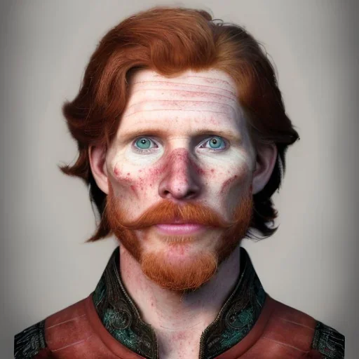 Portrait of Courtney Gains as a ruggedly handsome but joyful roguish pirate, charismatic, attractive male, masculine, perfect, precisely detailed, lightly freckled face, meticulously detailed multi-hued ginger carrot colored cherry fire red hair; Malachai of the corn; fantasy, intricate, elegant, highly detailed, digital painting, artstation, concept art, matte, sharp focus, illustration, art by artgerm and greg rutkowski and alphonse mucha