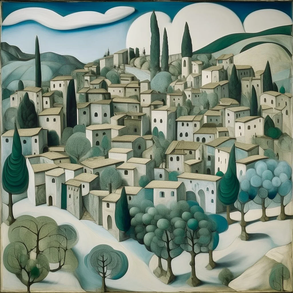 A pale grayish cyan village near a palace in the sky designed in Australian aboriginal art painted by Marsden Hartley
