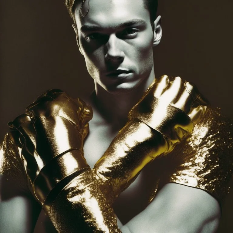 having a gold fashion gloves on his arms