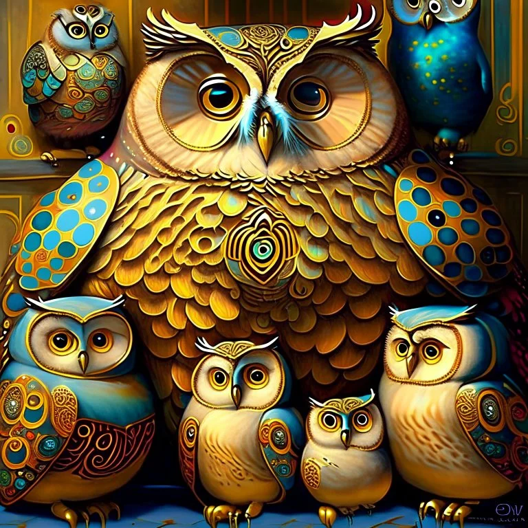 Family of cute and chubby owls multicolored by Fernando Botero and Jacek Yerka , sf, intricate artwork masterpiece, ominous, matte painting movie poster, golden ratio, trending on cgsociety, intricate, epic, trending on artstation, by artgerm, h. r. giger and beksinski, highly detailed, vibrant, production cinematic character render, ultra