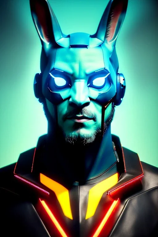 Medium Close Up Portrait, Front image. cyberpunk, rabbit mask, british man, black hair and beard. latex suit. Red, yellow, color. Ghost in the shell style. Color background, photo studio. Avatar image, highly detailed, concept art, smooth, unreal engine 5, ray tracing, RTX, lumen lighting, ultra detail, volumetric lighting, 3d, finely drawn, high definition, high resolution.