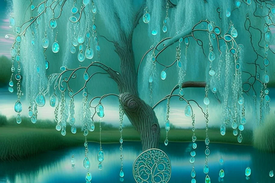 aquamarine gems, clouds, willow tree