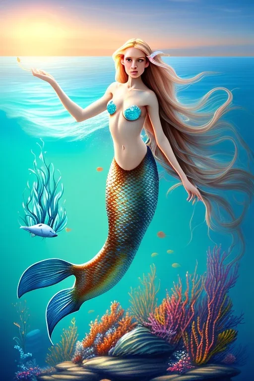 long hair mermaid with white top on the rock in the ocean