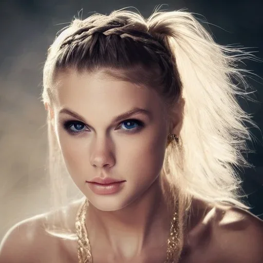 beautiful young queen with white armor, delicate white braided hair with ponytail, glass eyes, highly detailed, 8k, ambient light, taylor swift