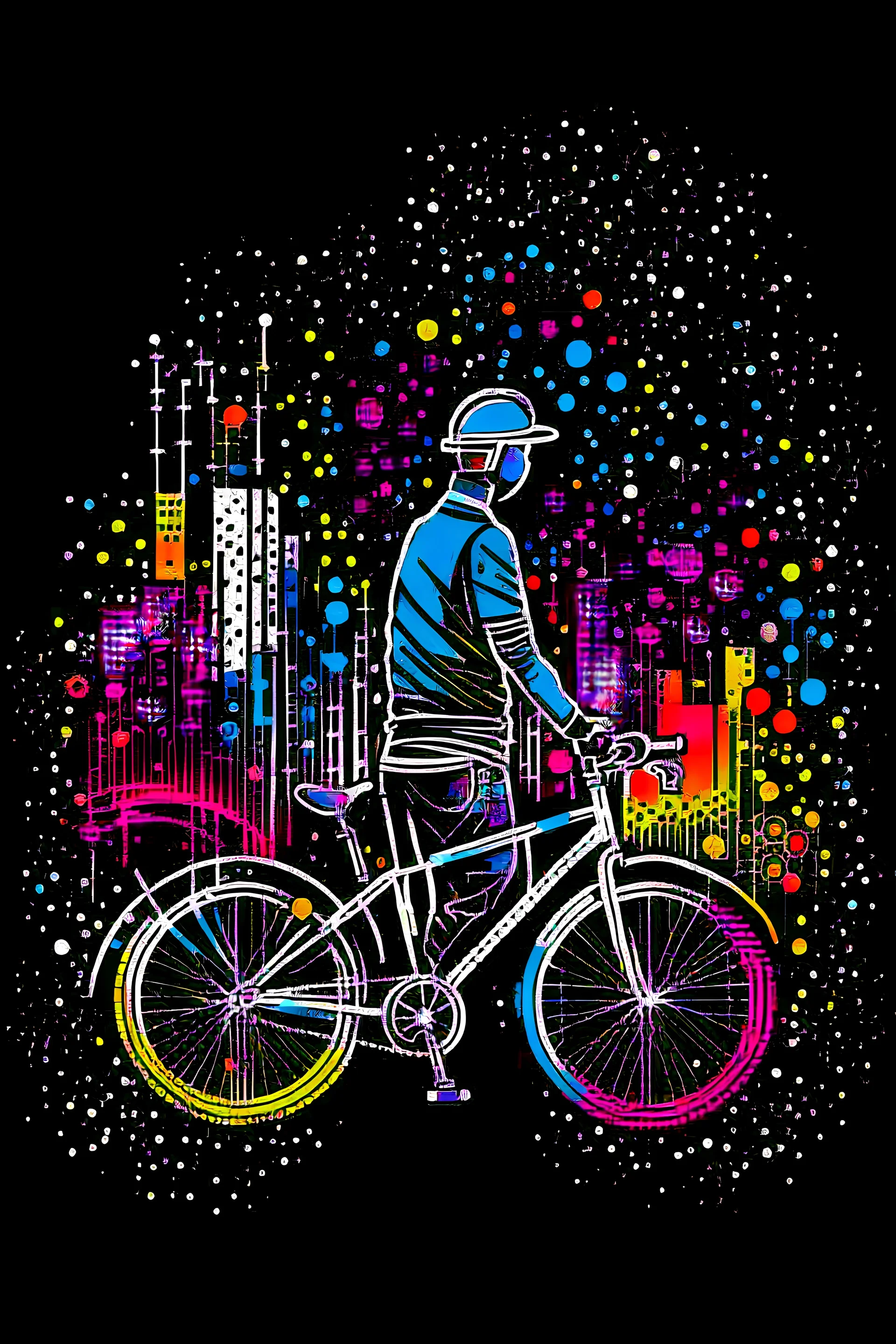 The bike goes in an abstract state, then fumes come out. Have the city silhouette in front of you. Produce it in png format that can be used as a logo. Create a unique t-shirt design in PNG format using artificial intelligence. The design should incorporate elements of artificial intelligence, such as neural networks or robots."