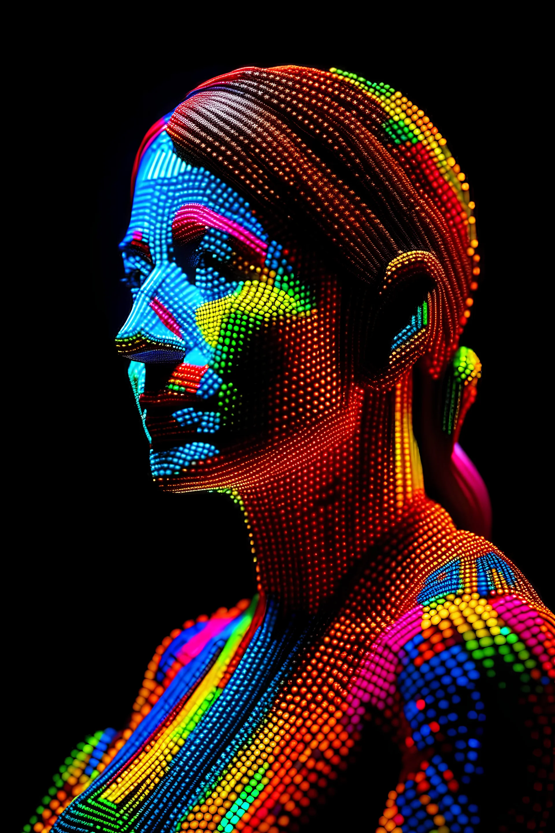 A close up photo of a artificial woman made from Lite Brite in the style of low poly, covered in Lite Brite, black background