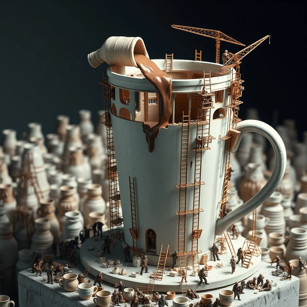 surreal miniaturism, colossal unfinished structure of a cup of hot chocolate being constructed by tiny workers, large syphon dumping hot chocolate into structure, scaffolding and ladders and buttressing and cranes, Giger-like, liminal busy worksite, metaphoric, digital photography, background is a pre-industrial city of similarly constructed ceramic containers