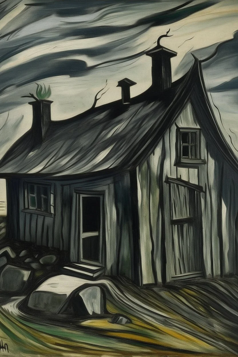 A gray tricky witch's cottage painted by Edvard Munch