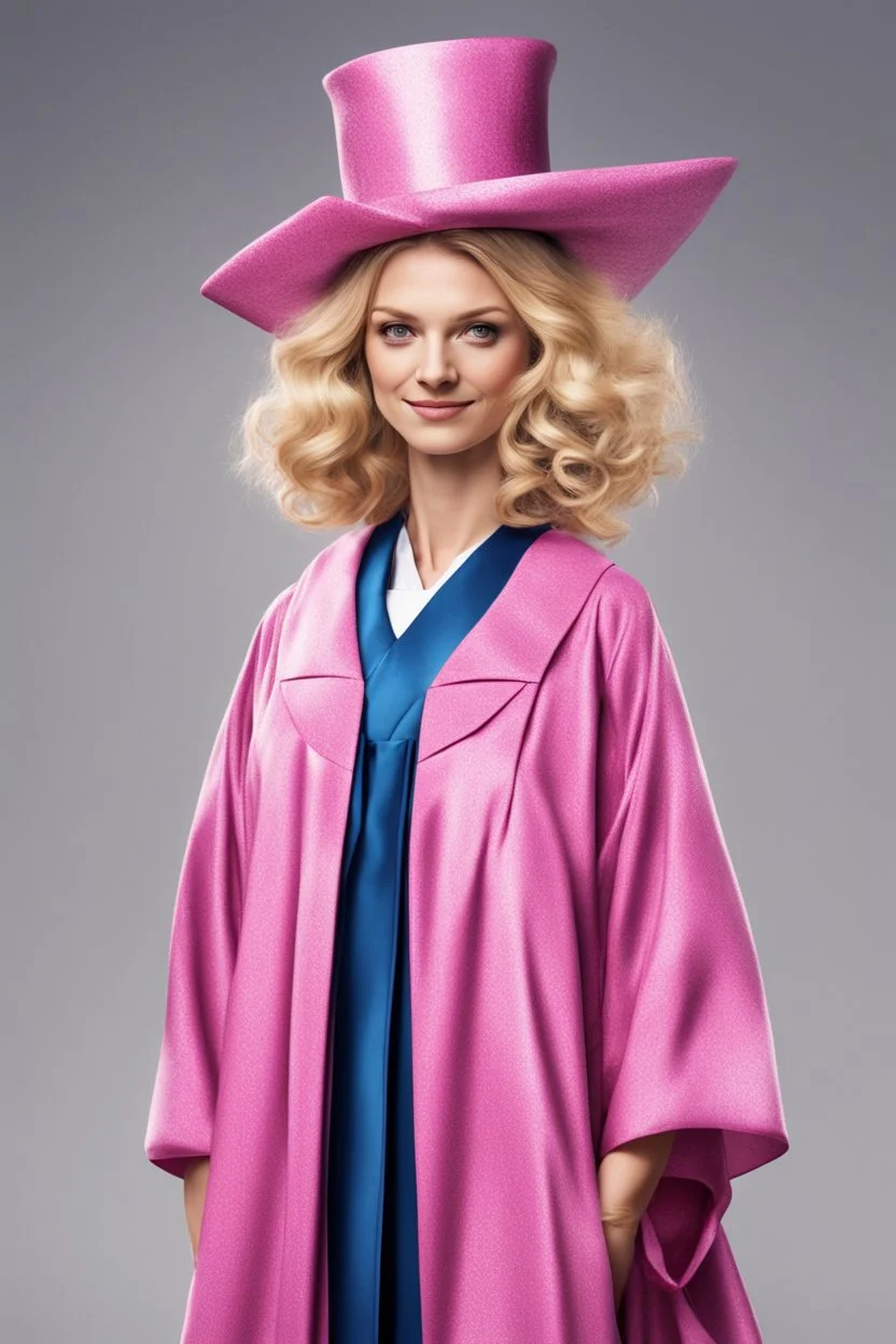 Een dom blondje die haar dokterdiploma heeft gekregen dankzij CHATGPT. ze draagt een afstudeertoga. Straalt domheid uit. Haar graduation outfit is volledig roze, velvet en glinster.Karikaturaal, carnavalesk, er zijn doktersattributen, denk legally blind en greys anantomy Dokter moet duidelijk zijn. Ze is lelijk, veel koninklijker, grootser, gigantisch, echt carnaval. Hoed is echt groot en karikaturaal, moet wel nog steeds graduation hoed zijn. De vest is dicht, tinten blauw, graduation sjaal