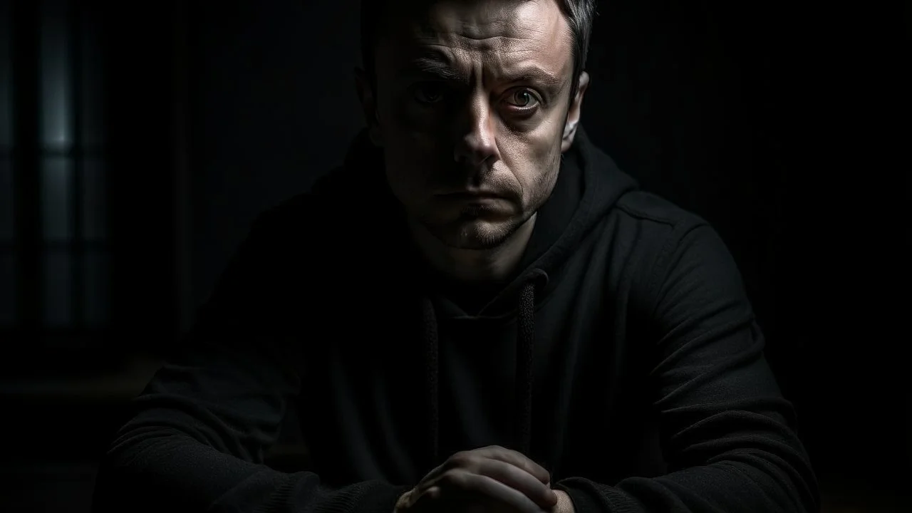 In the photo, we see a man sitting in the dark, looking at the camera with a cold gaze. The man is dressed in black and seems uninterested in what is going on around him.