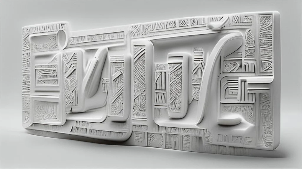 futuristic, realistic, mayan lettering on white matte metal plate