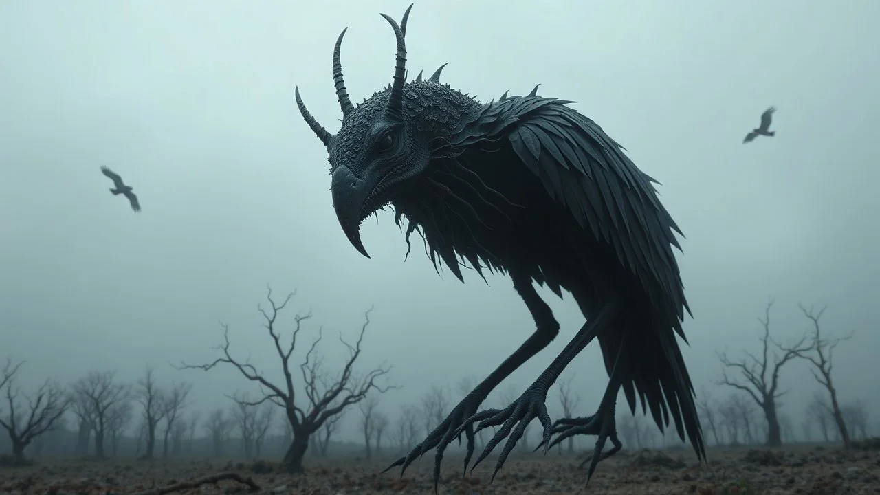close in center weird crepy bird creature and and far away on sky different small dark crepy birds surreal thriller vibe trees in alternative surreal barren, dry, gloomy world, nightmare in abyss, deep vortex, black, gray, purple, brown, silver, dark red colors, surreal, weird dark fantasy, deep dark colors, sharp lines, crepy stunning, high detalied, weird, fog, shadows, realistic, surreal, highly detailed, melancholic thriller mood