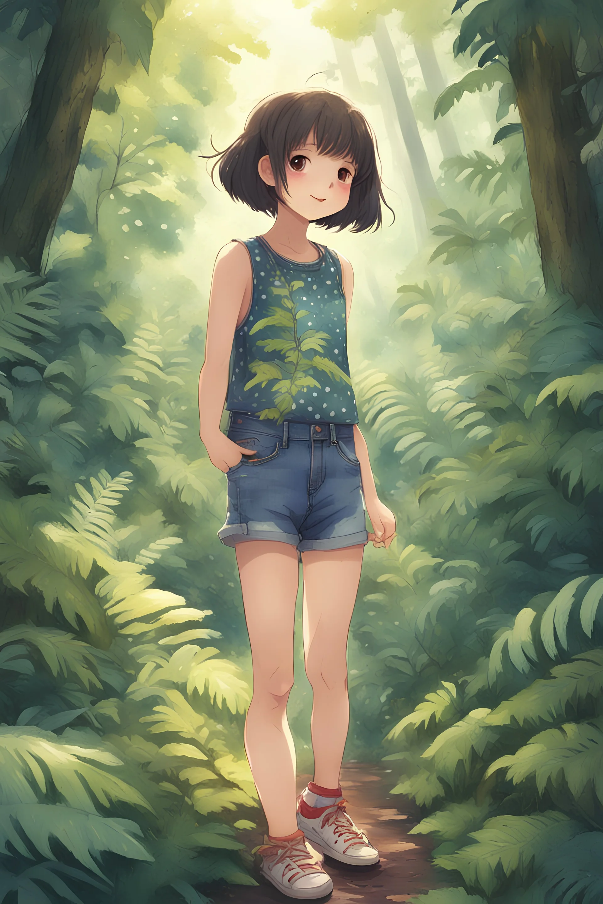 In a whimsical children's illustration, a beautiful anime girl adorned with dark golden short hair could be seen wearing a playful polka dot tank top and denim shorts. She stood amidst a lush forest, filled with vibrant fern leaves. The illustration captured the essence of a magical wonderland, where the colors seemed to come alive with excitement. The scene depicted a joyful summer day, bringing to life the wonders of nature through a captivating digital painting.